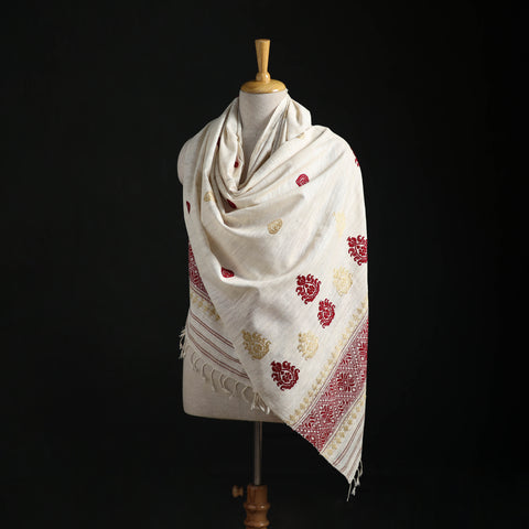 White - Handspun Handwoven Pure Eri Silk Aari Hand Embroidered Shawl of Assam 13
