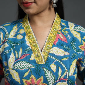 Blue Sequins Work Cotton Straight Sanganeri Print Kurta for Women