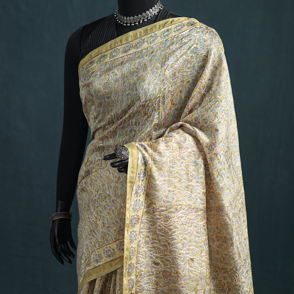 Floral Hand Block Print Mulberry Silk Sanganeri Saree 16