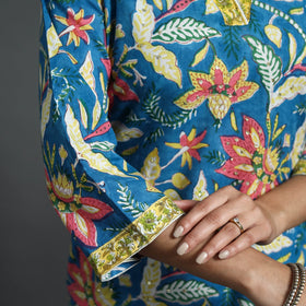 Blue Sequins Work Cotton Straight Sanganeri Print Kurta for Women