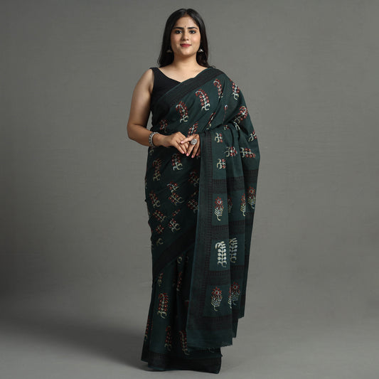 Green - Nandana Dabu Block Printed Mul Cotton Saree 02