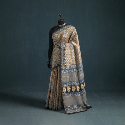 Bagru Hand Block Print Natural Dyed Mulberry Silk Saree 18