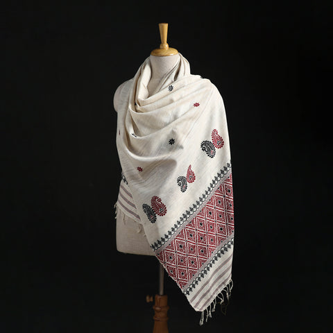 White - Handspun Handwoven Pure Eri Silk Aari Hand Embroidered Shawl of Assam 14