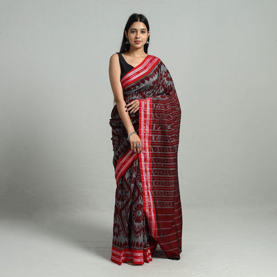 Grey - Ikat Weave Handloom Cotton Sambalpuri Saree 16