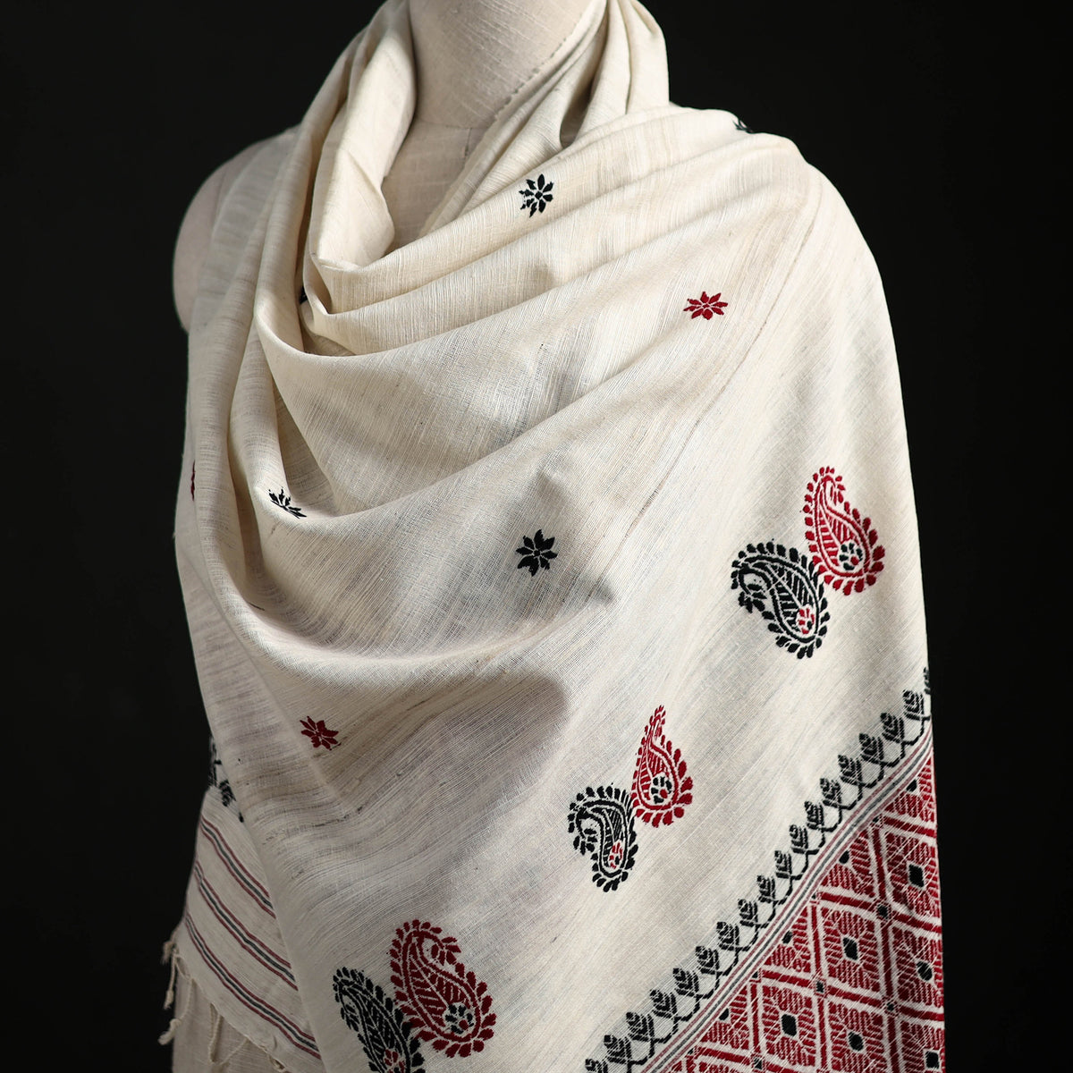 White - Handspun Handwoven Pure Eri Silk Aari Hand Embroidered Shawl of Assam 14