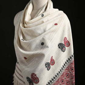White - Handspun Handwoven Pure Eri Silk Aari Hand Embroidered Shawl of Assam 14