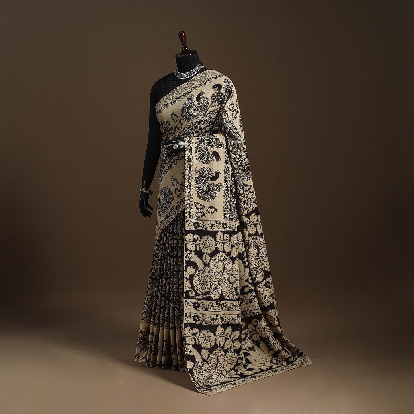 Beige - printed cotton kalamkari saree 11 - handcrafted