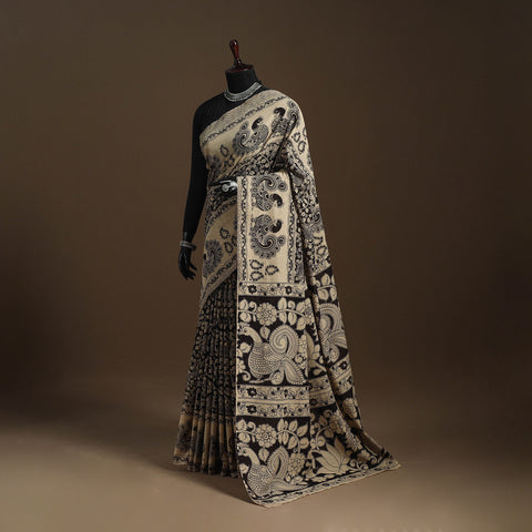 Beige - printed cotton kalamkari saree 11 - handcrafted