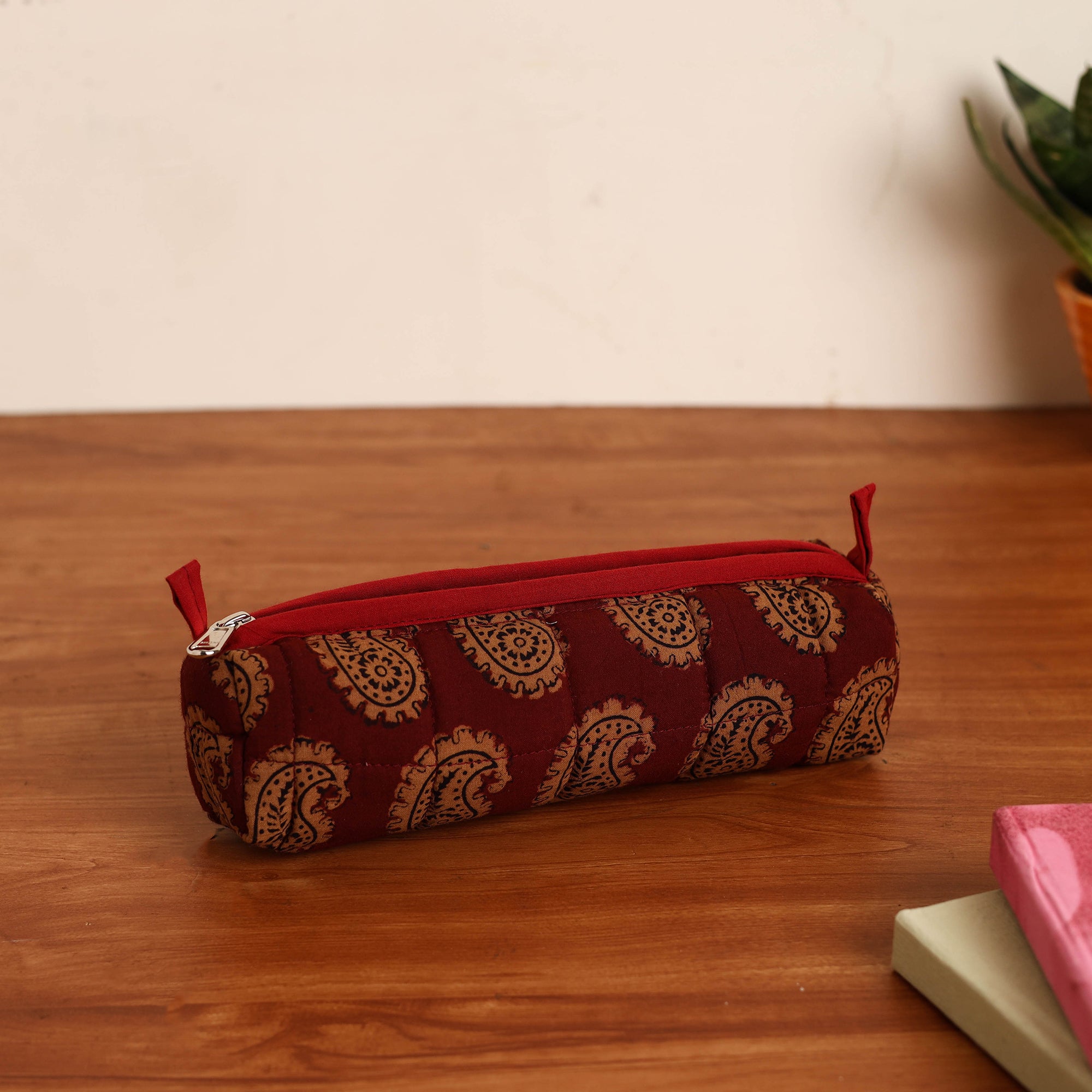 Brown - Handcrafted Cotton Quilted Pencil Pouch 01
