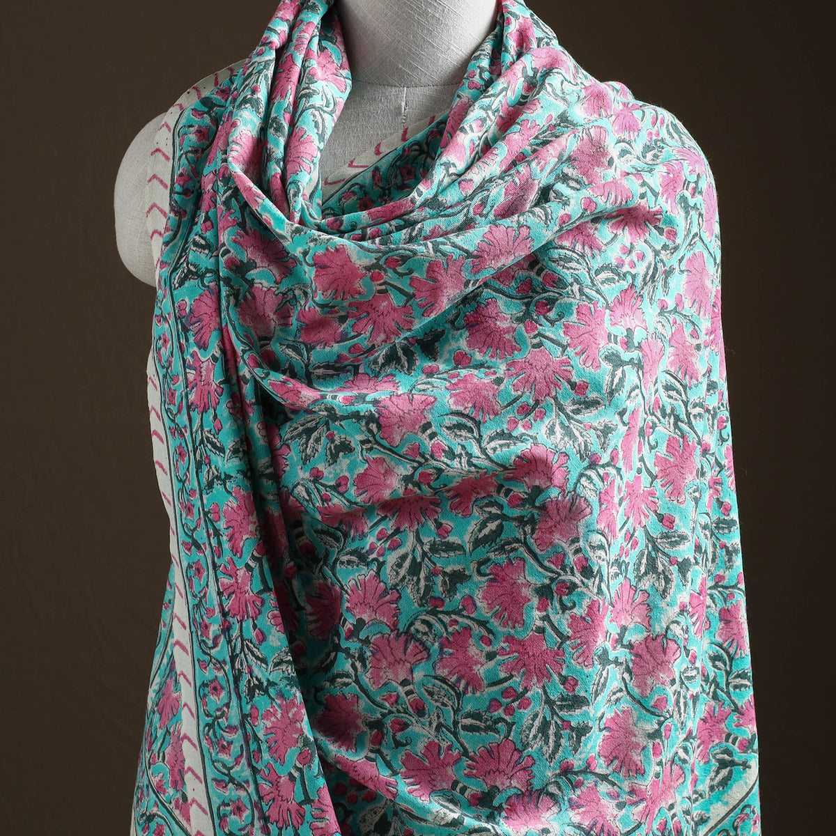 Floral Sanganeri Print Pure Merino Wool Handwoven Shawl 32