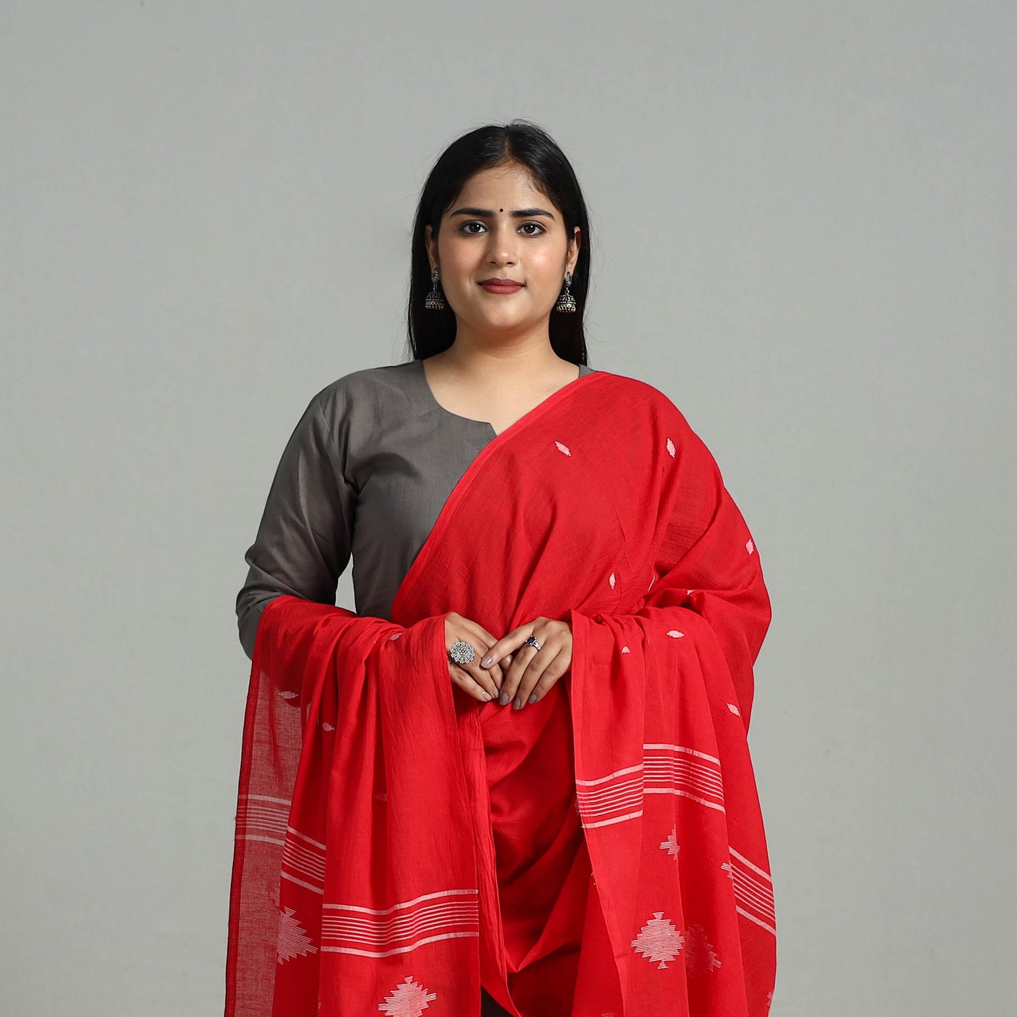 Red - Handloom Cotton Burdwan Jamdani Dupatta 08