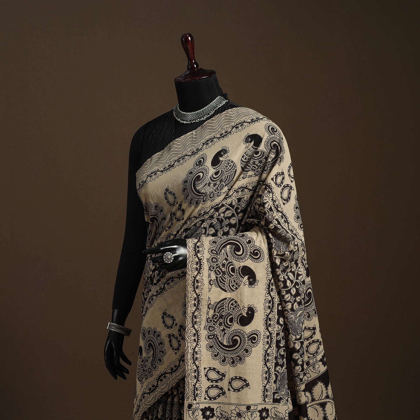 Beige - printed cotton kalamkari saree 11 - handcrafted