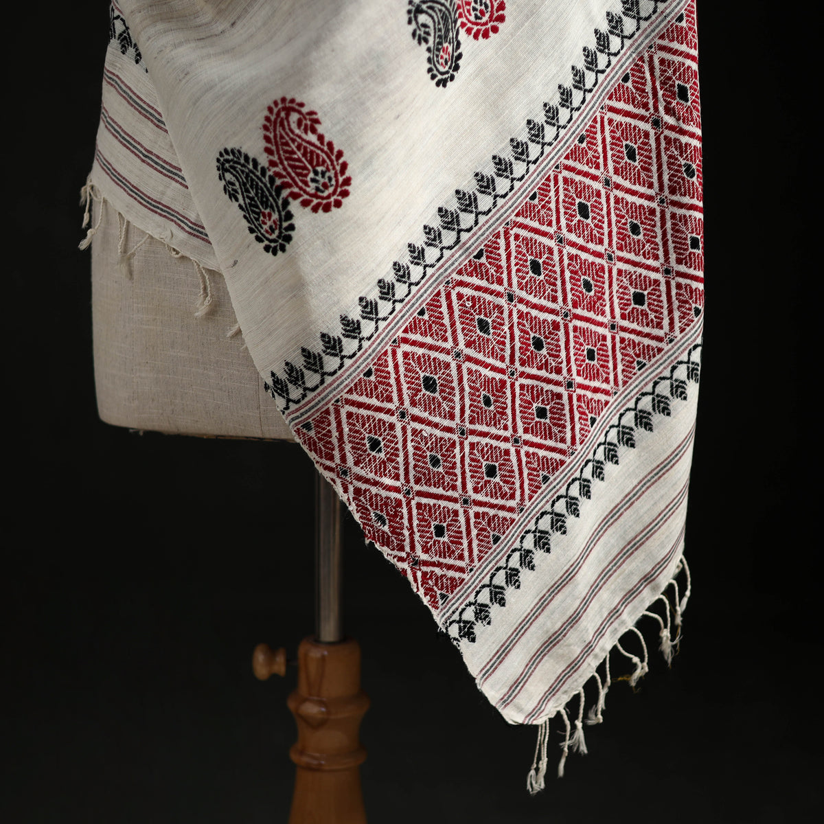 White - Handspun Handwoven Pure Eri Silk Aari Hand Embroidered Shawl of Assam 14