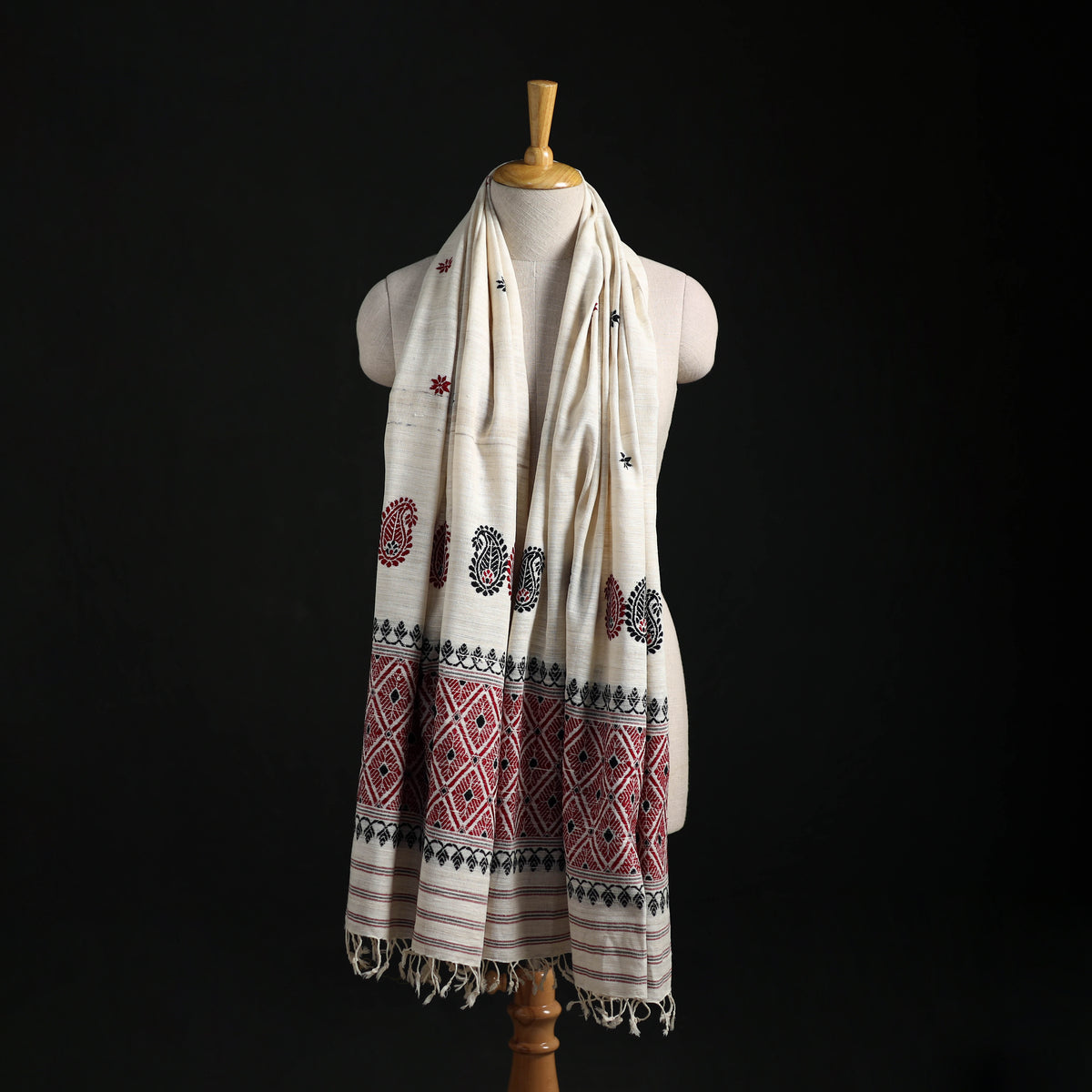 White - Handspun Handwoven Pure Eri Silk Aari Hand Embroidered Shawl of Assam 14