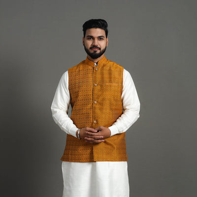 Brown - Silk Cotton Handwoven Pochampally Ikat Nehru Jacket 08