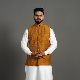 Buy Brown Silk Cotton Pochampally Ikat Nehru Jacket