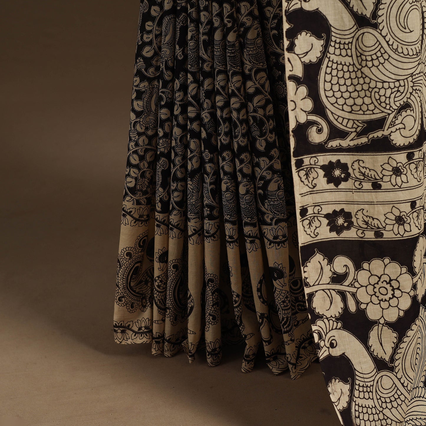 Beige - printed cotton kalamkari saree 11 - handcrafted