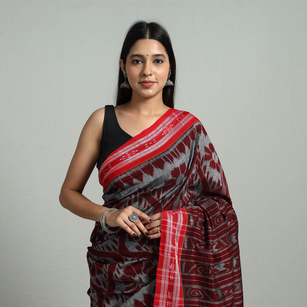 Grey - Ikat Weave Handloom Cotton Sambalpuri Saree 16