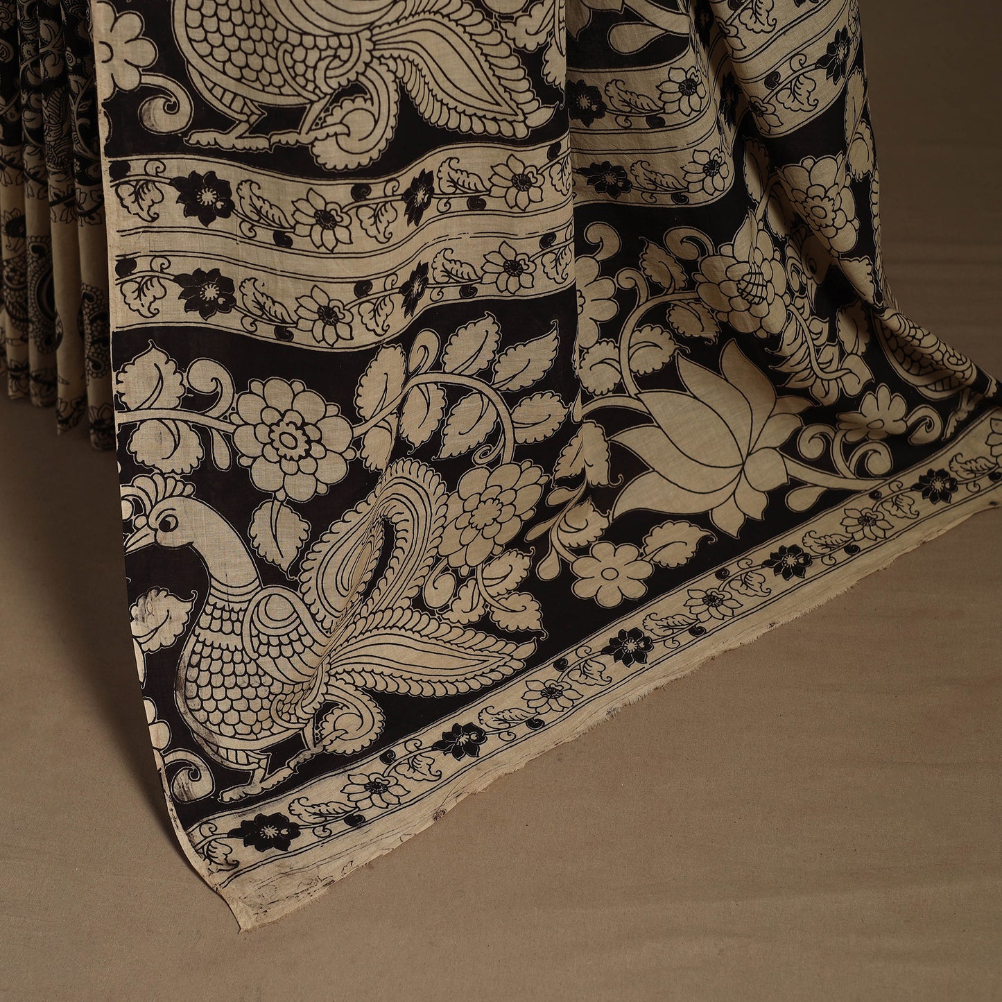 Beige - printed cotton kalamkari saree 11 - handcrafted