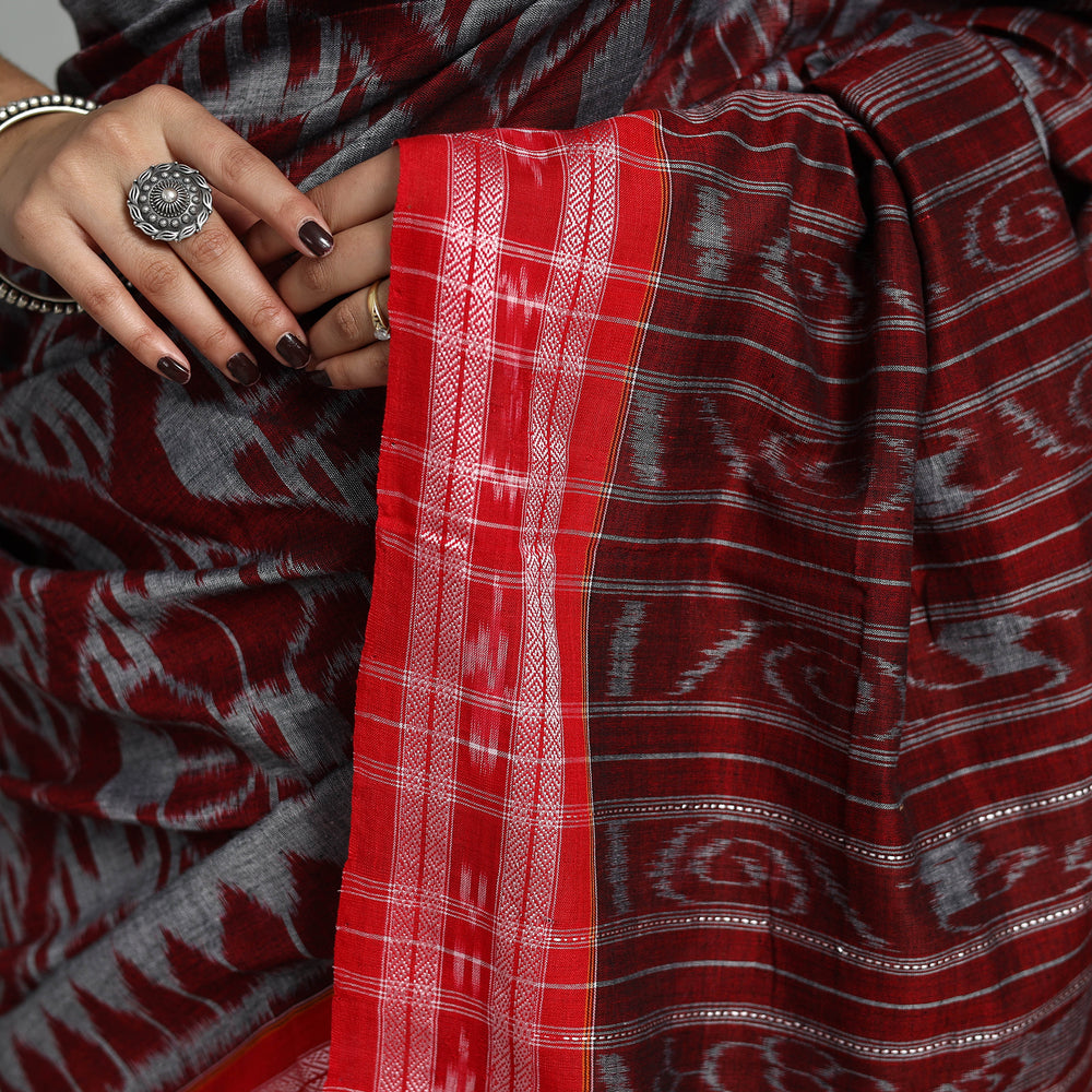 Grey - Ikat Weave Handloom Cotton Sambalpuri Saree 16