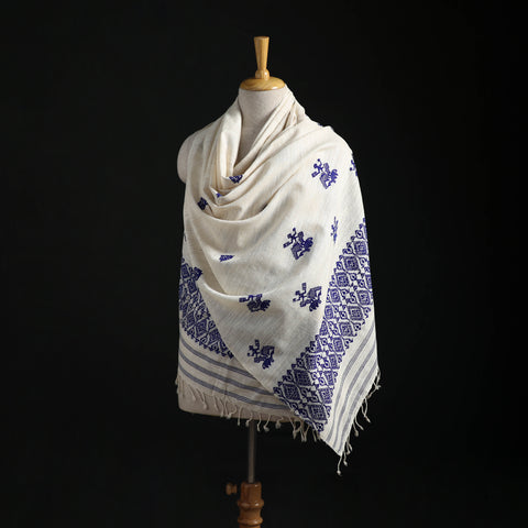 White - Handspun Handwoven Pure Eri Silk Aari Hand Embroidered Shawl of Assam 15