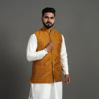 Brown - Silk Cotton Handwoven Pochampally Ikat Nehru Jacket 08