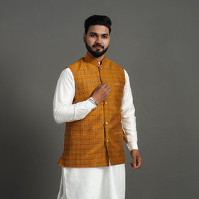 Buy Brown Silk Cotton Pochampally Ikat Nehru Jacket