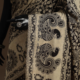 Beige - printed cotton kalamkari saree 11 - handcrafted