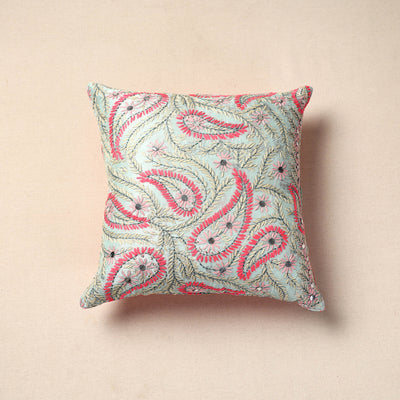 Grey - Phulkari Hand Embroidery Chanderi Silk Cushion Cover (16 x 16 in)