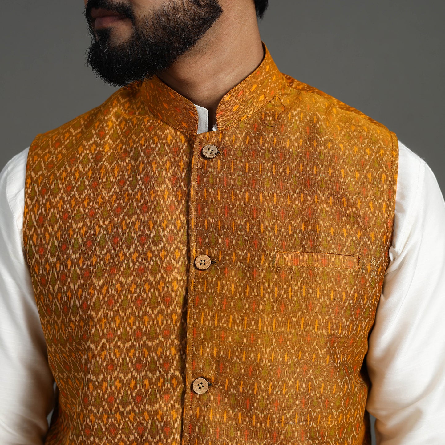 Brown - Silk Cotton Handwoven Pochampally Ikat Nehru Jacket 08