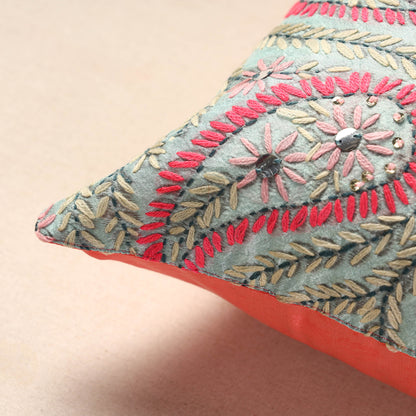 Grey - Phulkari Hand Embroidery Chanderi Silk Cushion Cover (16 x 16 in)
