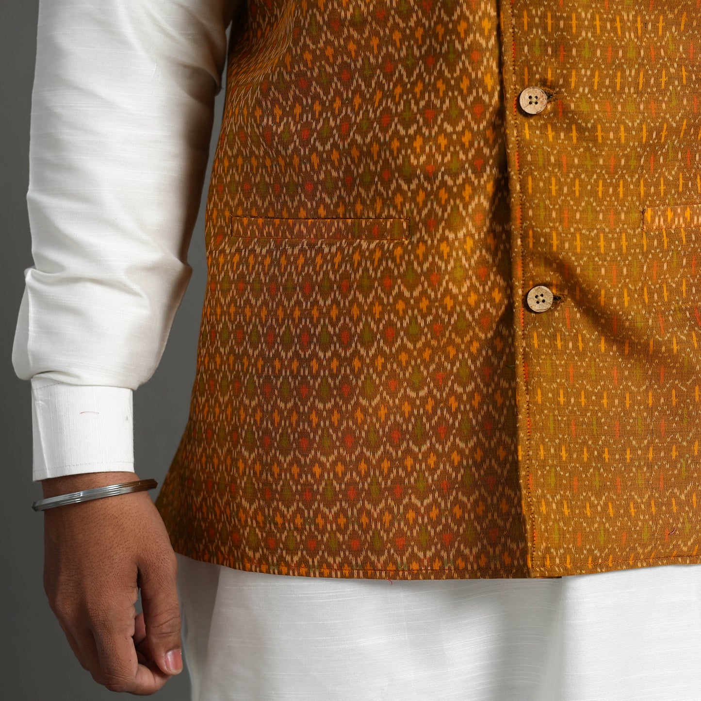 Brown - Silk Cotton Handwoven Pochampally Ikat Nehru Jacket 08