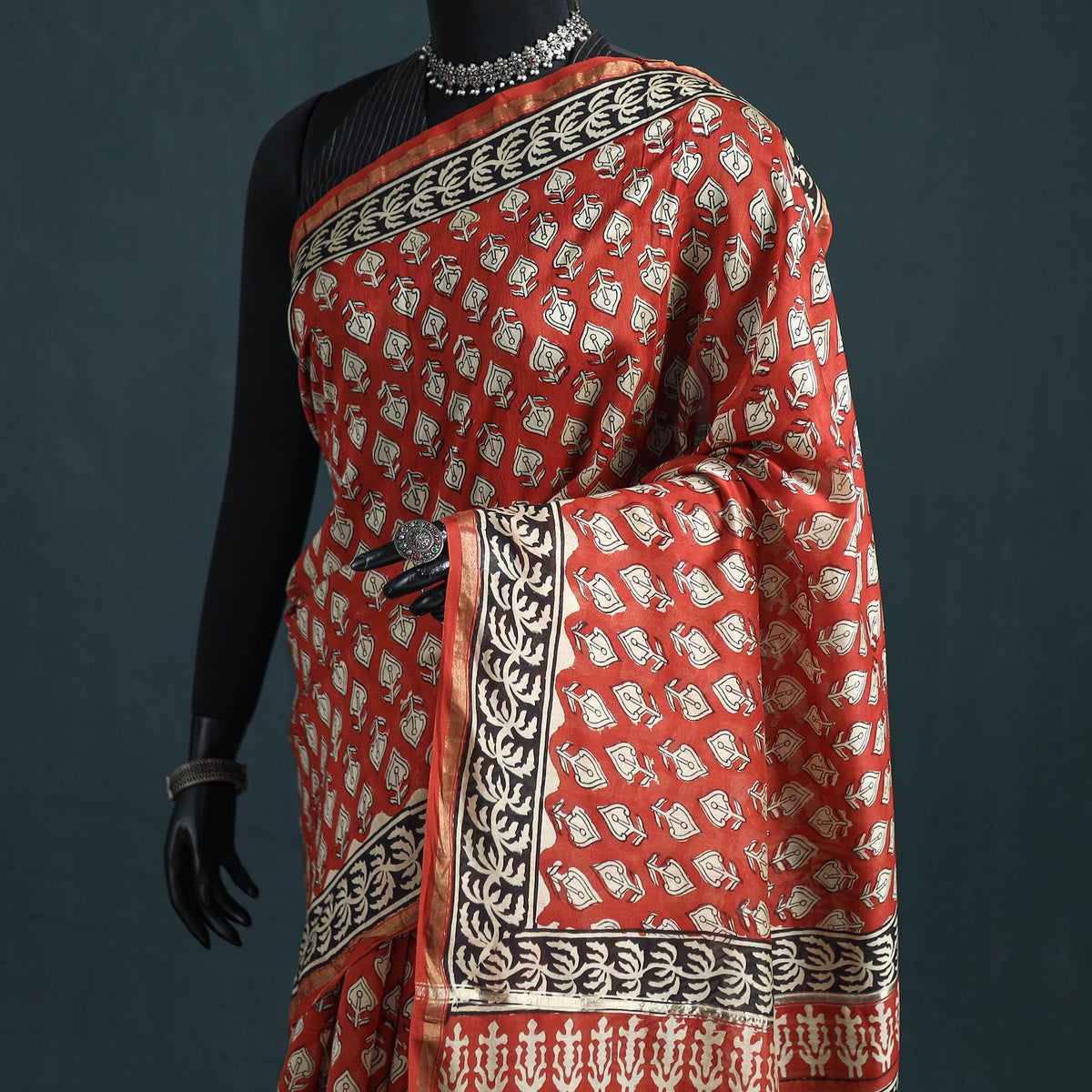 Bagru Hand Block Print Natural Dyed Mulberry Silk Saree 20