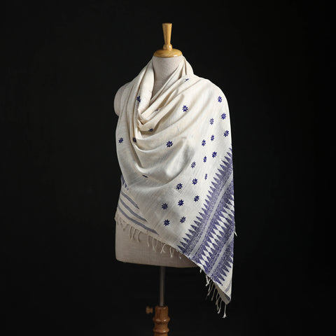White - Handspun Handwoven Pure Eri Silk Aari Hand Embroidered Shawl of Assam 16