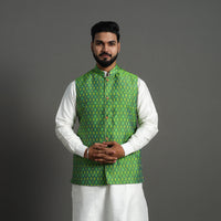 Green - Silk Cotton Handwoven Pochampally Ikat Nehru Jacket 03