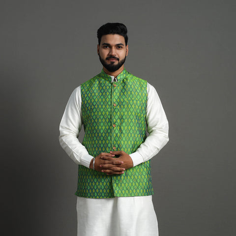 Green - Silk Cotton Handwoven Pochampally Ikat Nehru Jacket 03