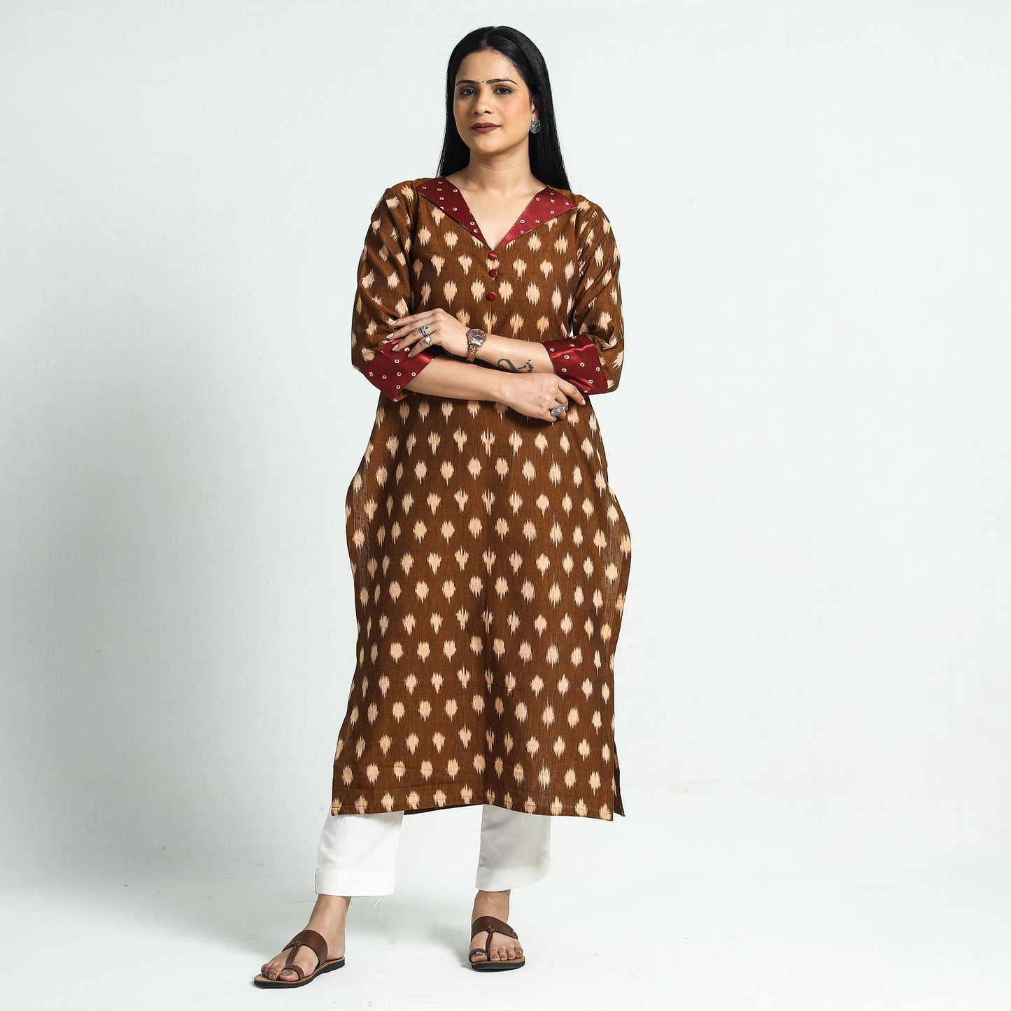 Brown - Special Pochampally Ikat Weave Modal Silk Patchwork Cotton Straight Kurta