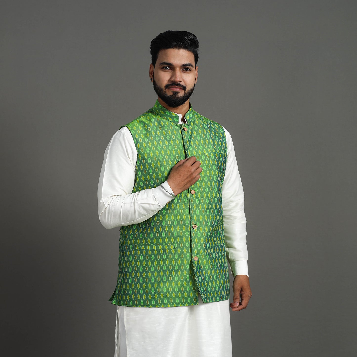 Green - Silk Cotton Handwoven Pochampally Ikat Nehru Jacket 03