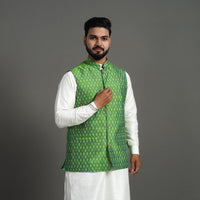 Green - Silk Cotton Handwoven Pochampally Ikat Nehru Jacket 03