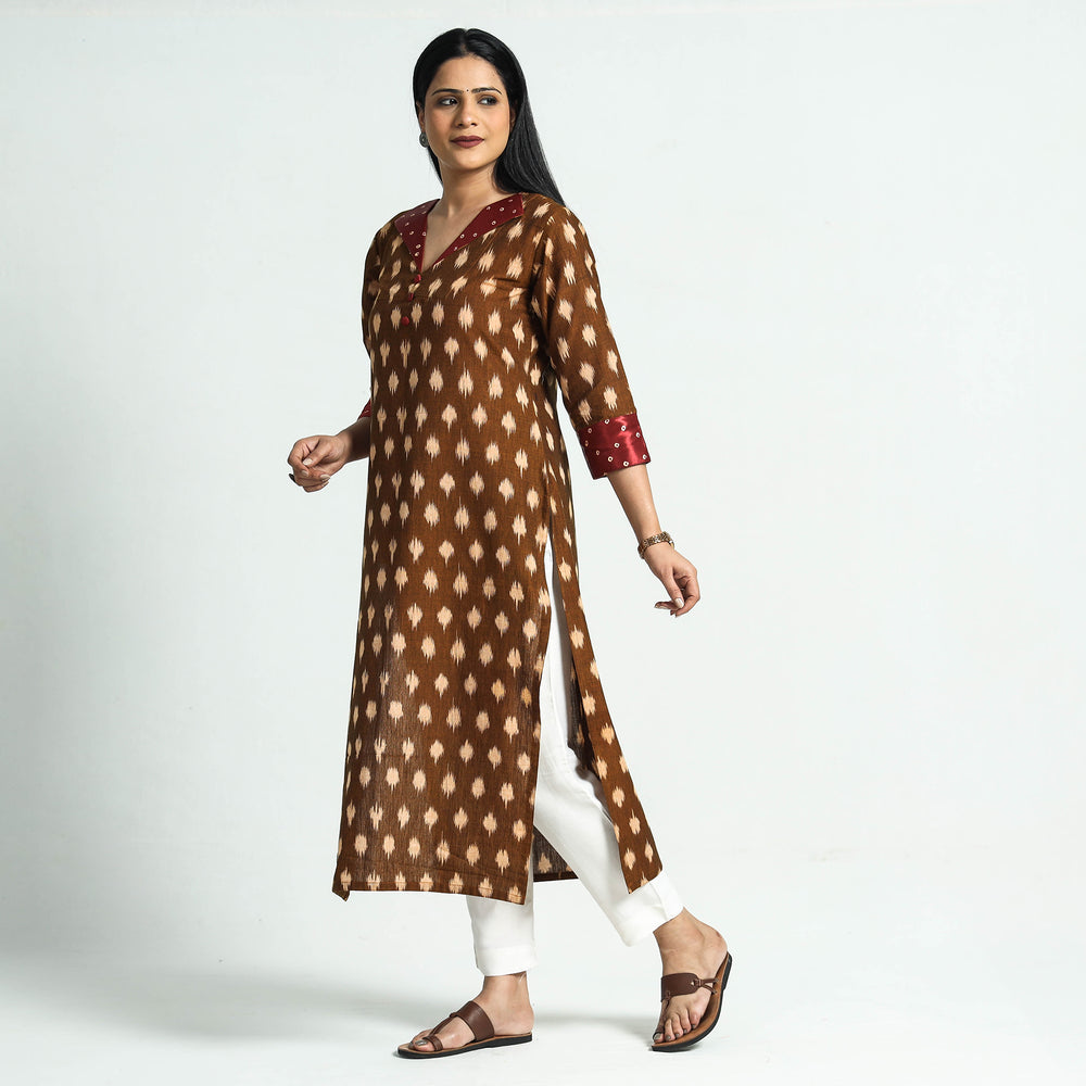 Brown - Special Pochampally Ikat Weave Modal Silk Patchwork Cotton Straight Kurta