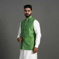 Green - Silk Cotton Handwoven Pochampally Ikat Nehru Jacket 03