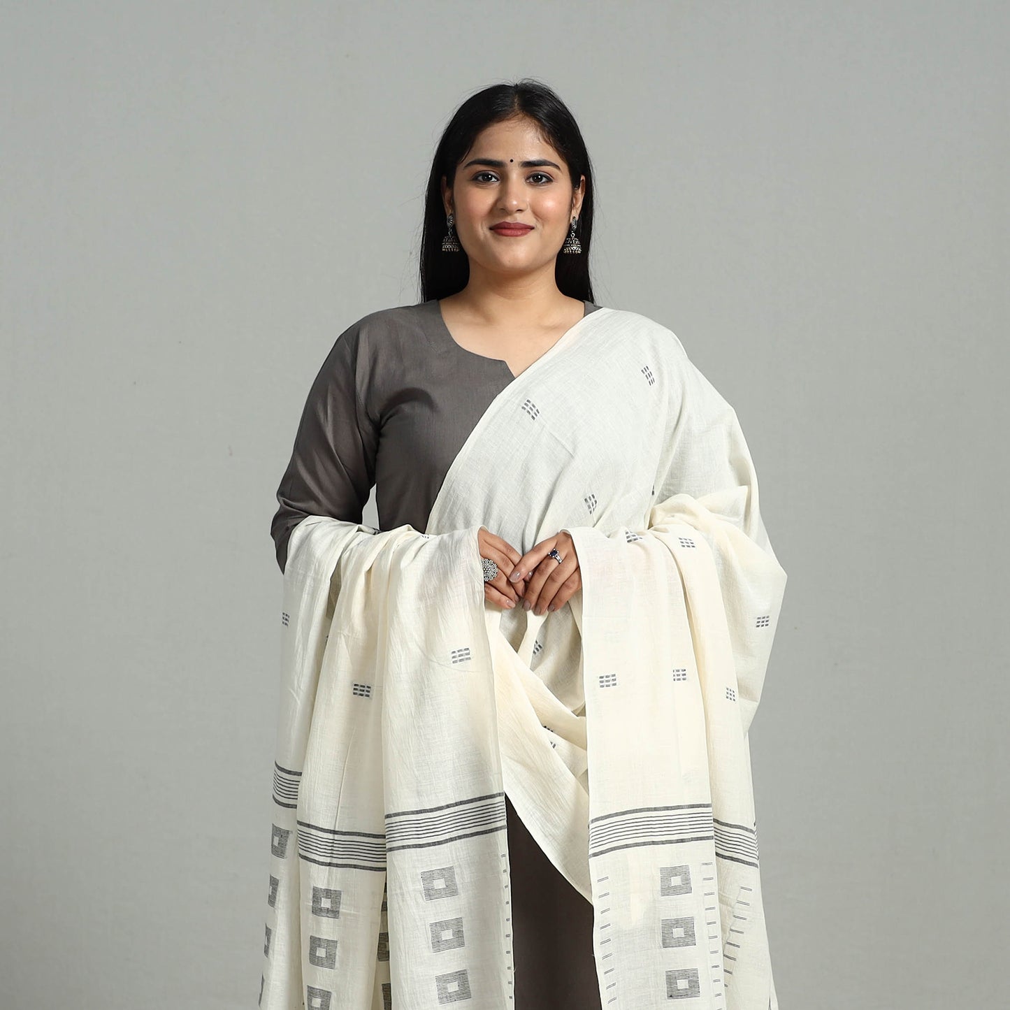 White - Handloom Cotton Burdwan Jamdani Dupatta 12