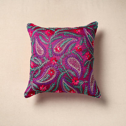 Purple - Phulkari Hand Embroidery Chanderi Silk Cushion Cover (16 x 16 in)