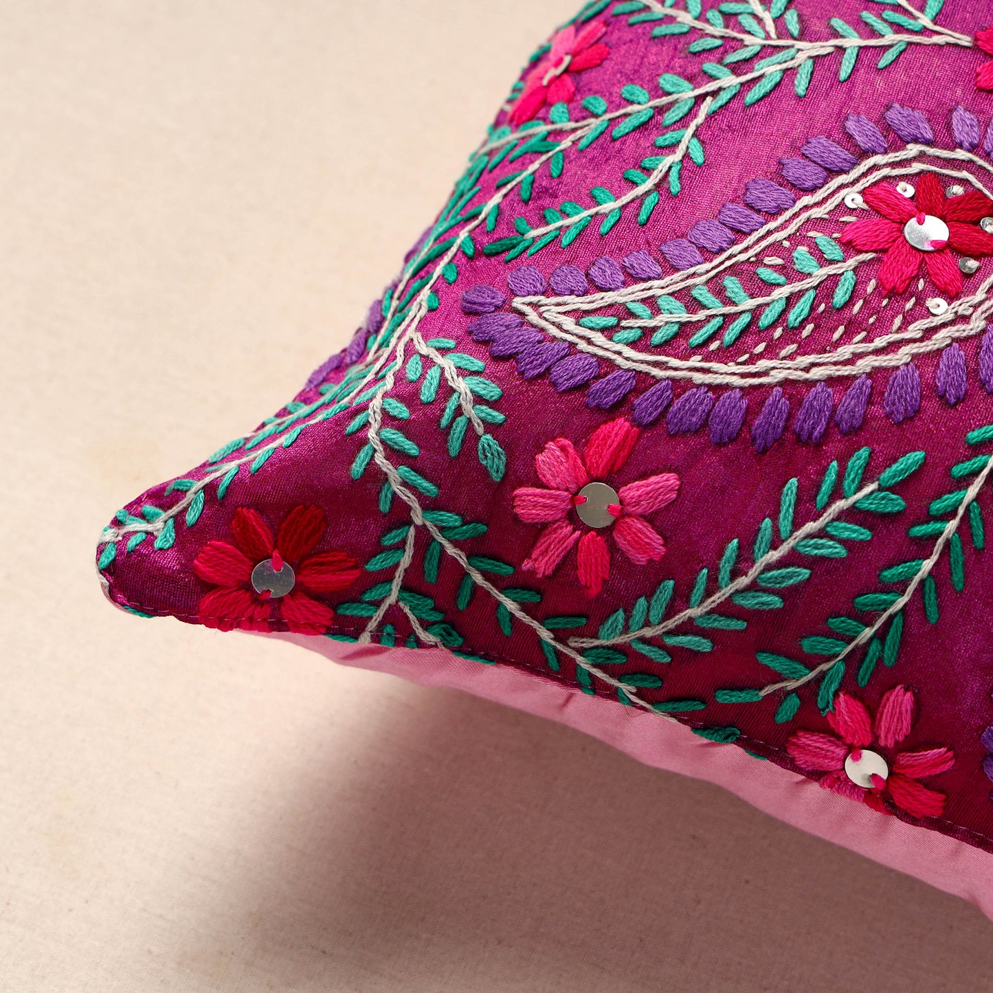 Purple - Phulkari Hand Embroidery Chanderi Silk Cushion Cover (16 x 16 in)