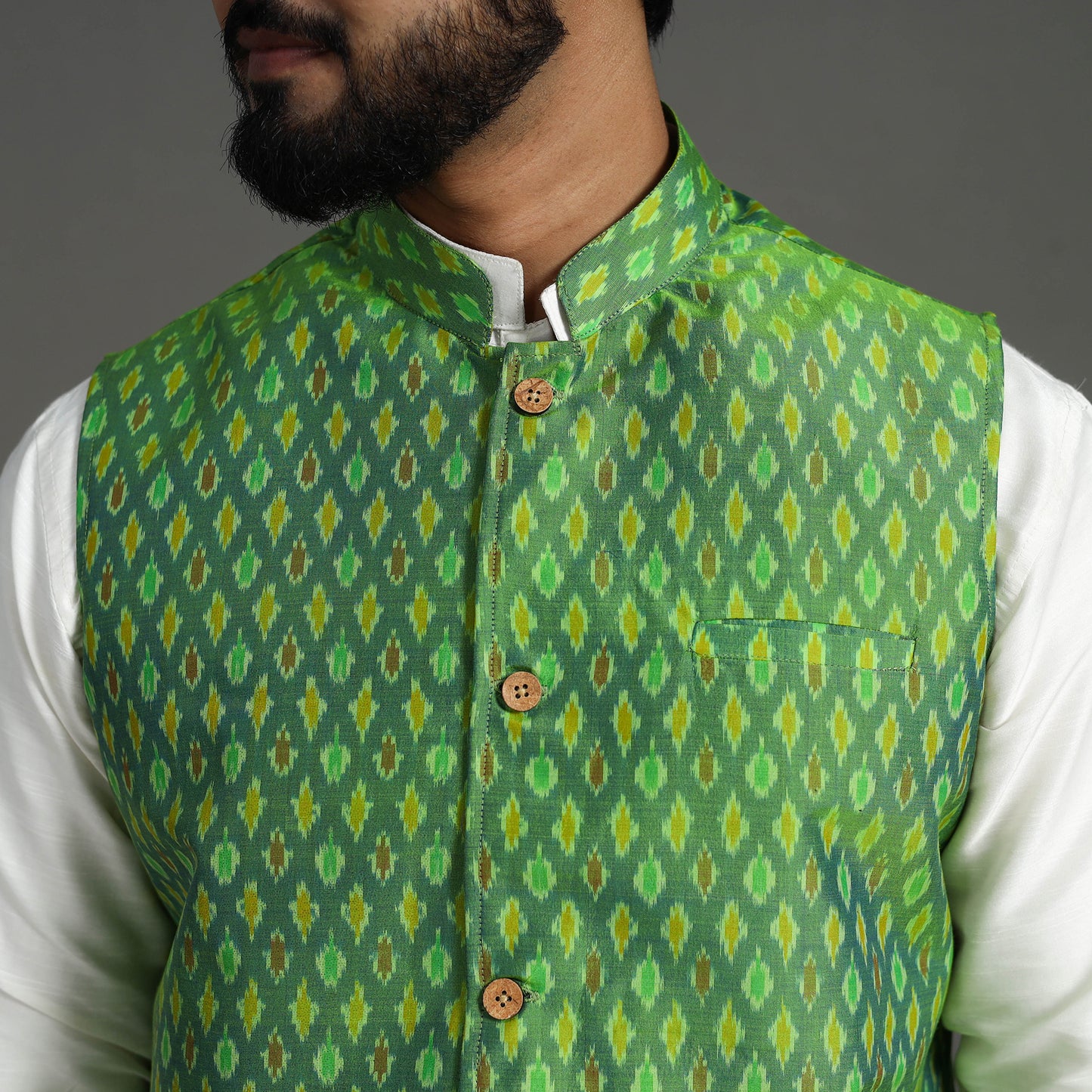 Green - Silk Cotton Handwoven Pochampally Ikat Nehru Jacket 03