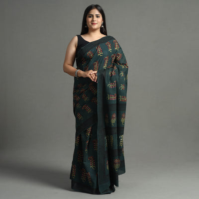 Green - Nandana Dabu Block Printed Mul Cotton Saree 03