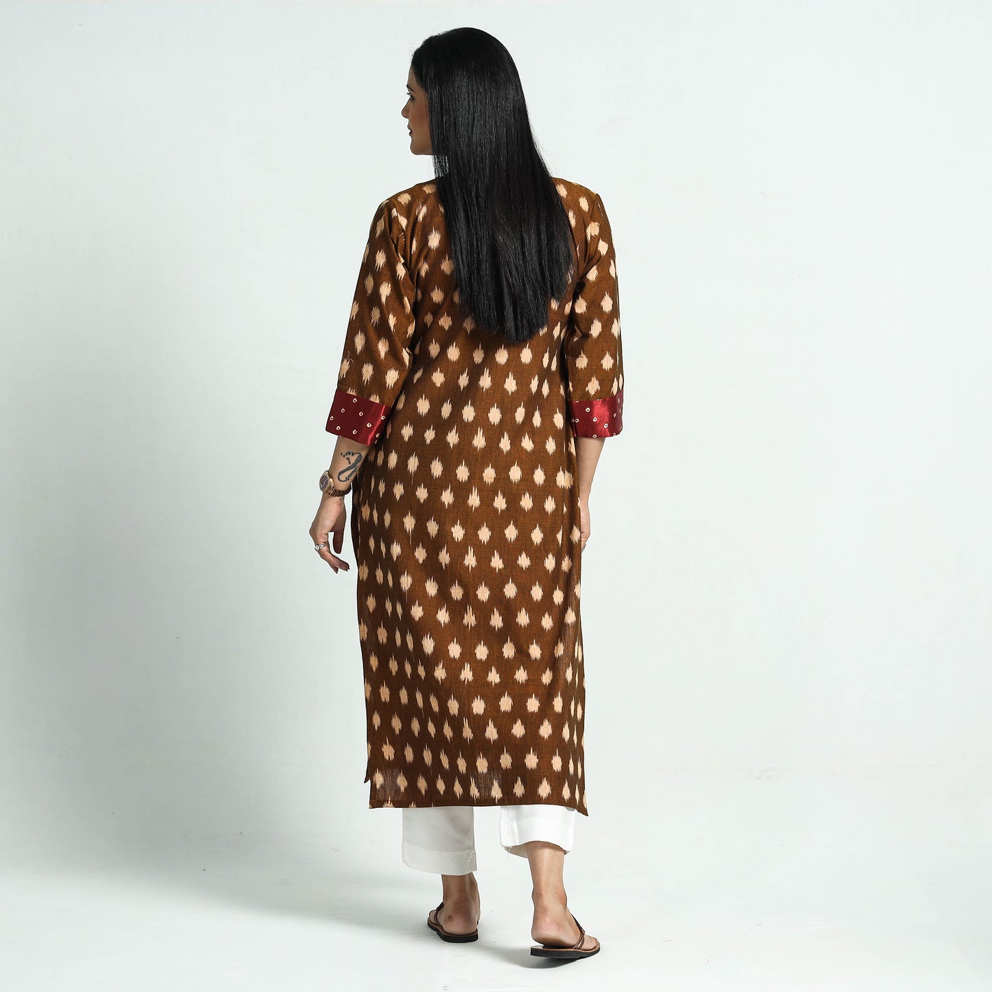 Brown - Special Pochampally Ikat Weave Modal Silk Patchwork Cotton Straight Kurta