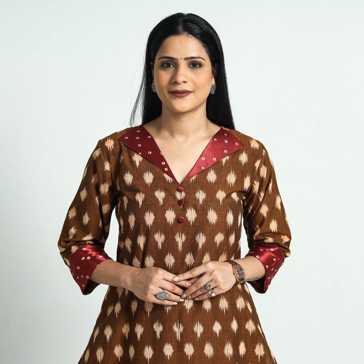 Brown - Special Pochampally Ikat Weave Modal Silk Patchwork Cotton Straight Kurta