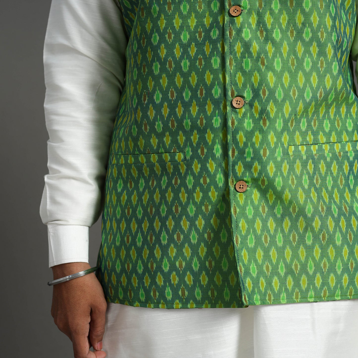 Green - Silk Cotton Handwoven Pochampally Ikat Nehru Jacket 03