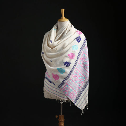White - Handspun Handwoven Pure Eri Silk Aari Hand Embroidered Shawl of Assam 17